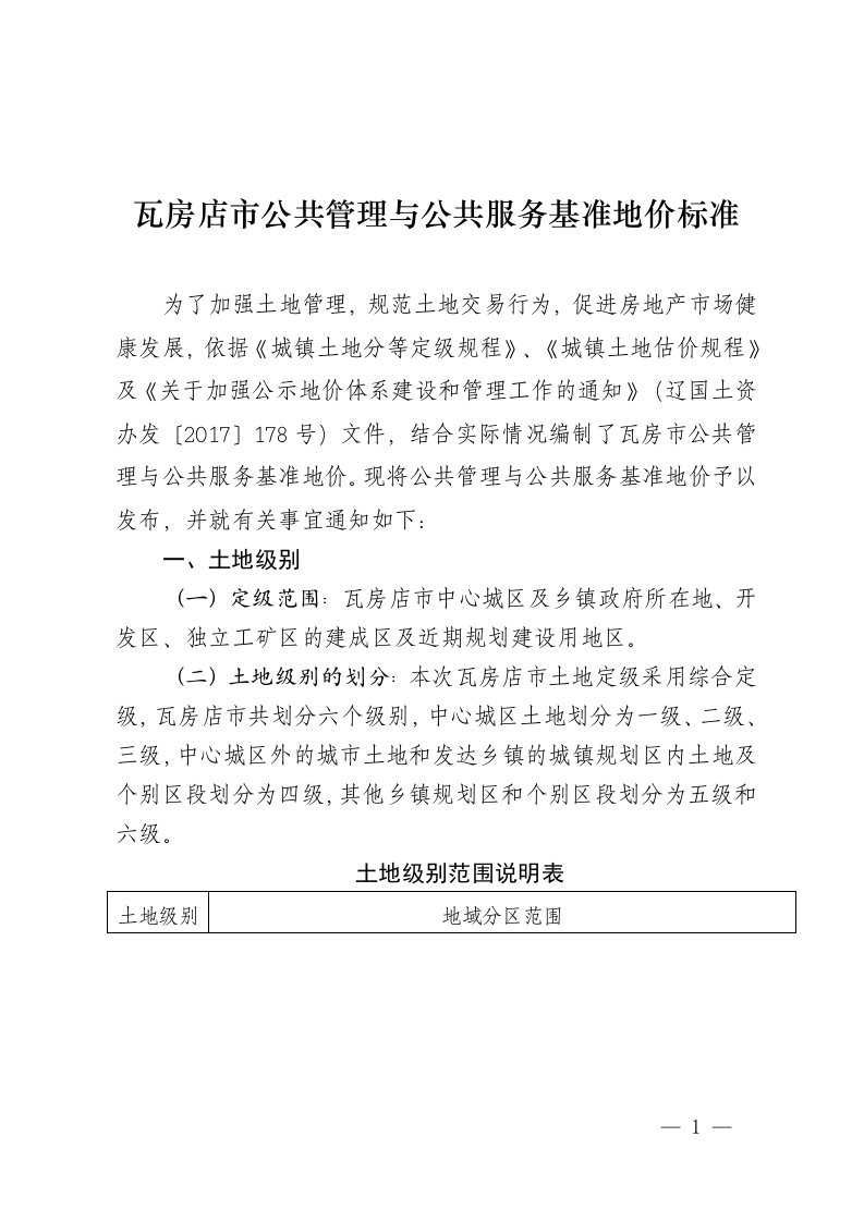 瓦房店公共管理与公共服务基准地价标准