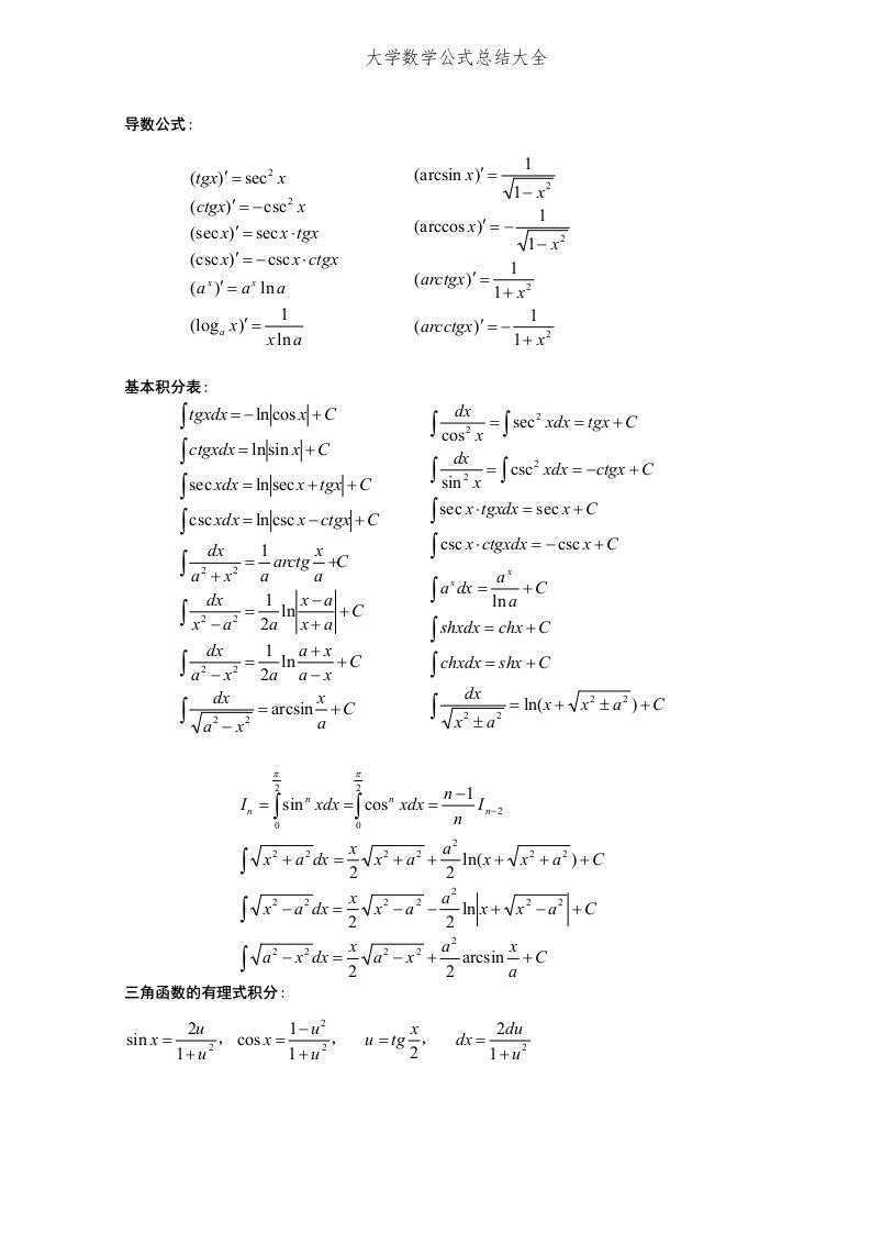 大学数学公式总结大全