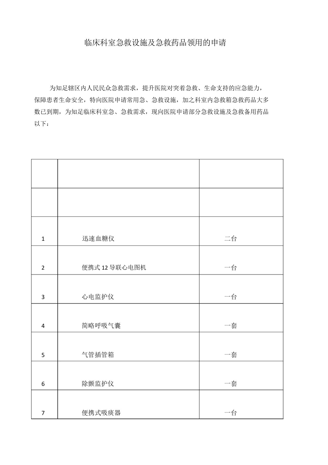 急救药品领用申请表