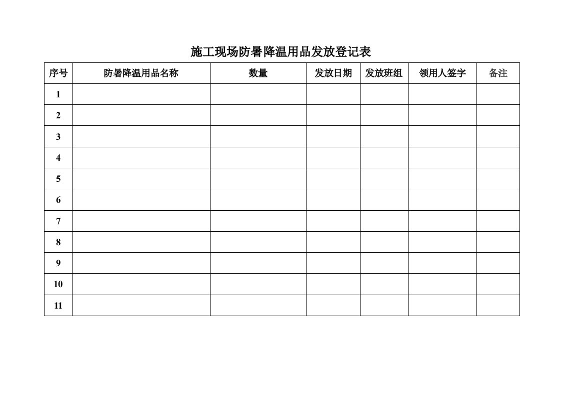 施工现场防暑降温用品发放登记表