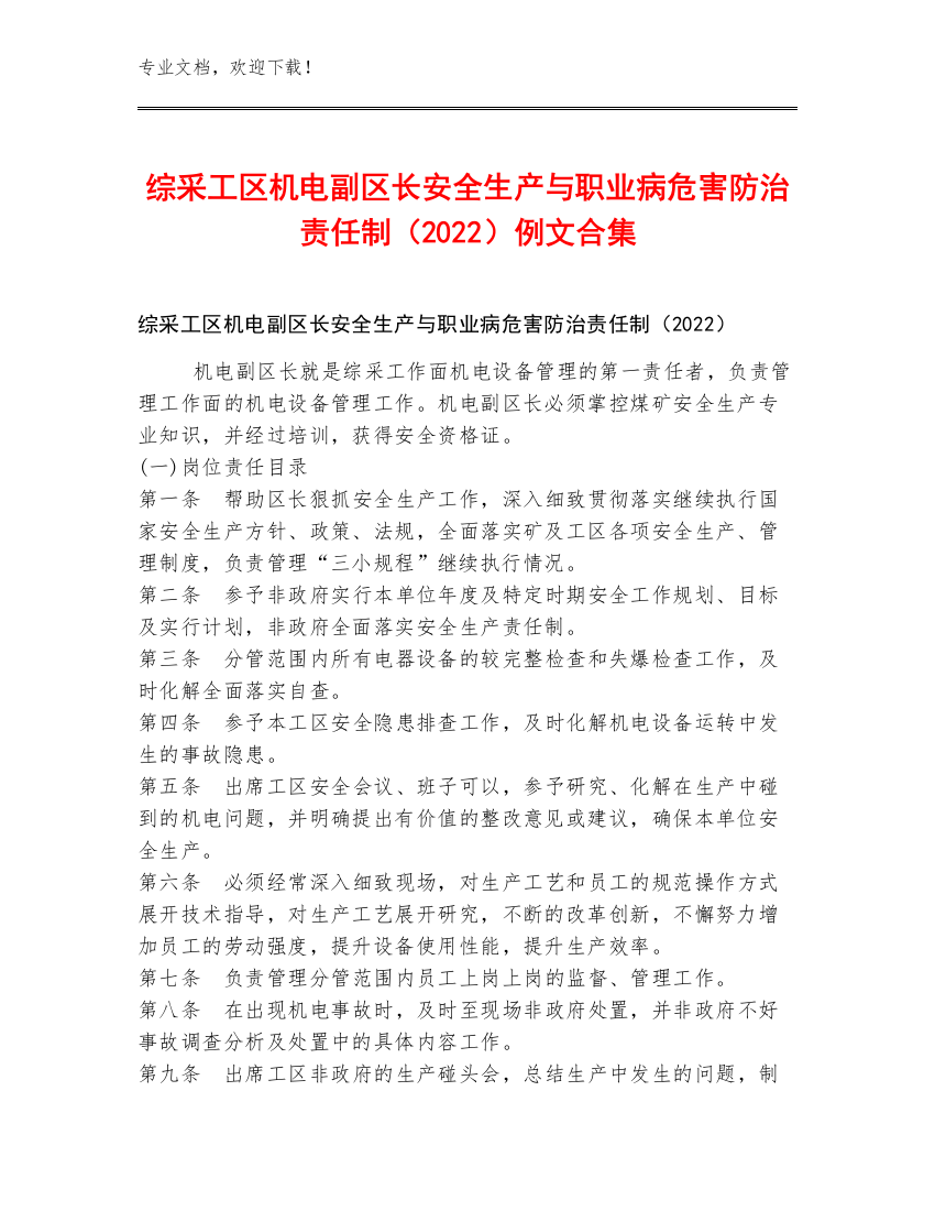 综采工区机电副区长安全生产与职业病危害防治责任制（2022）例文合集