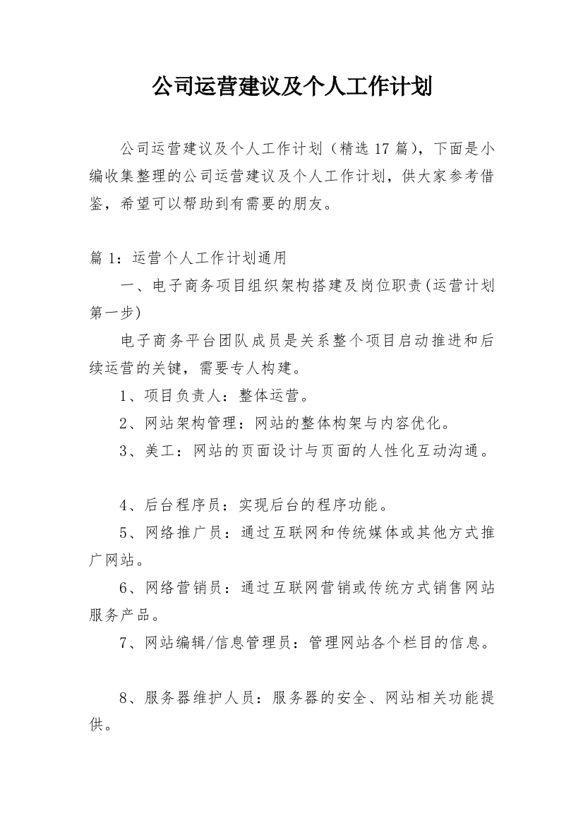 公司运营建议及个人工作计划