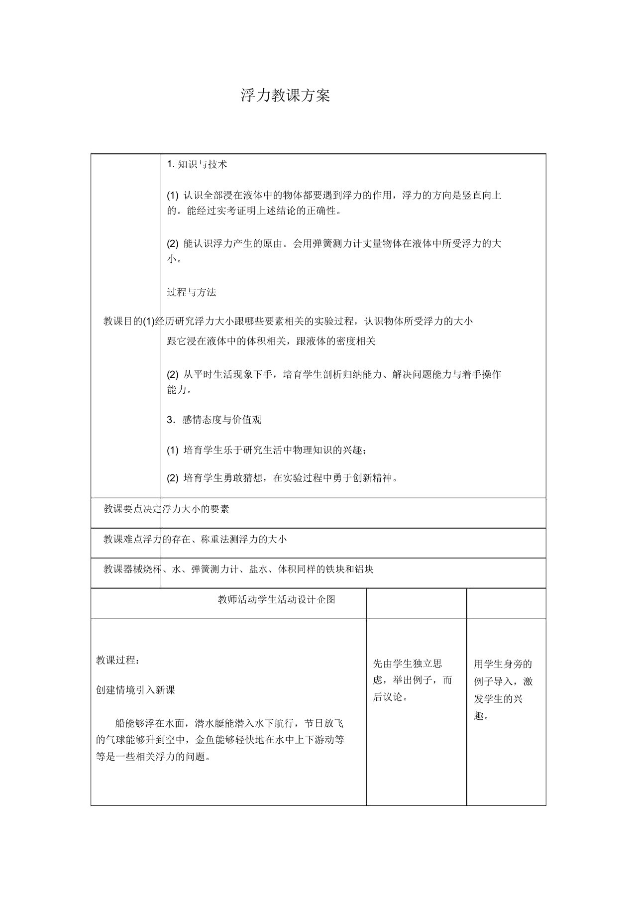 人教版八年级物理下册第十章第一节《浮力》课教案