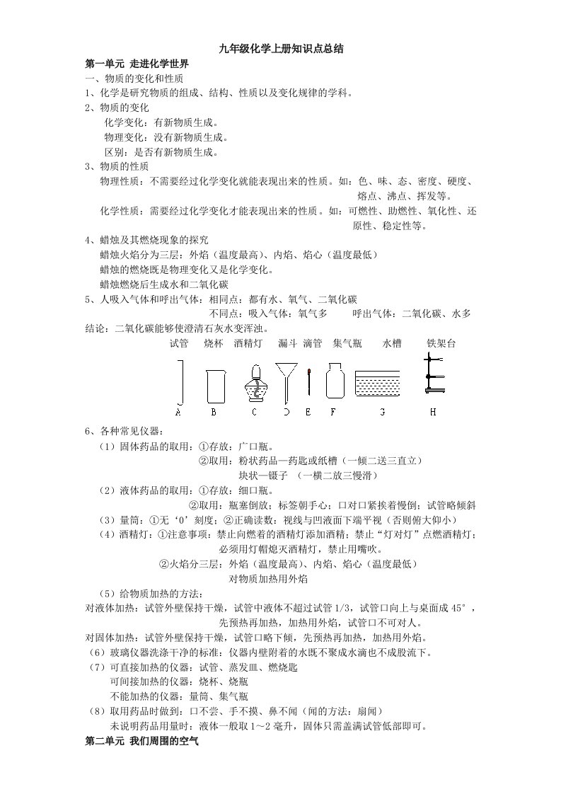 初三化学上册知识点总结及所有初中化学式及化学方程式