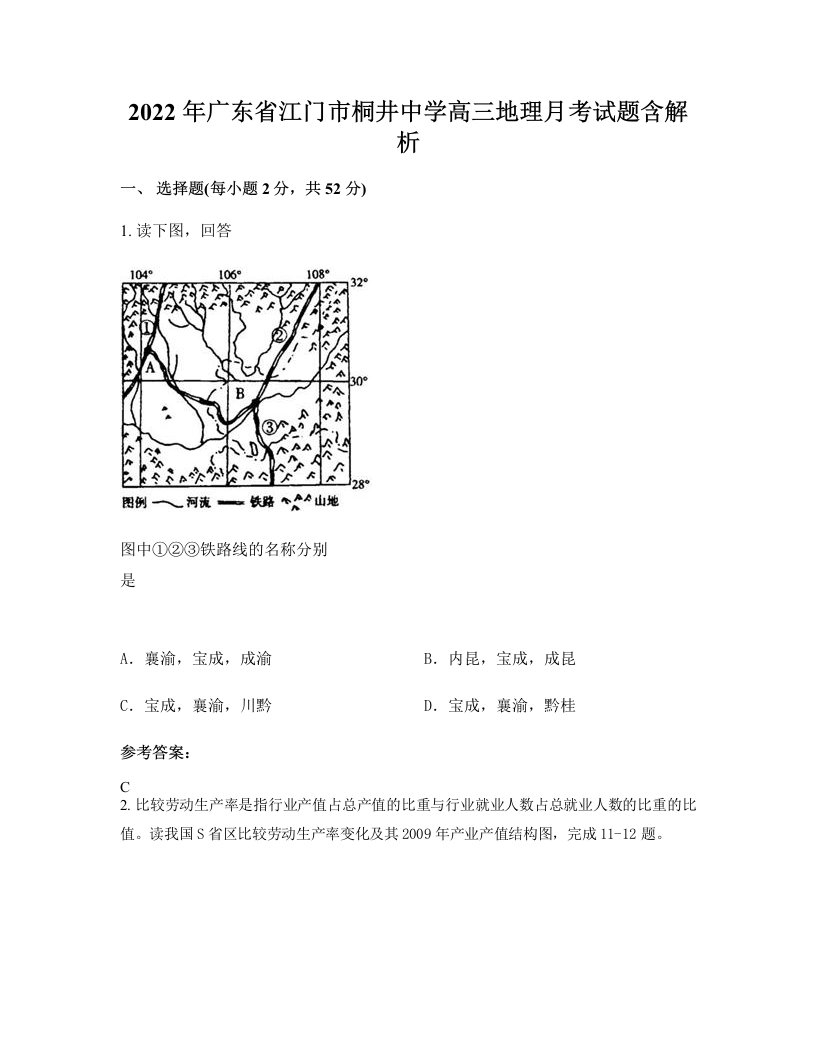 2022年广东省江门市桐井中学高三地理月考试题含解析