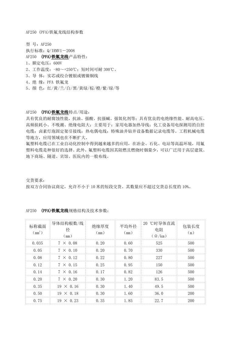 af250(pfa)铁氟龙线结构参数