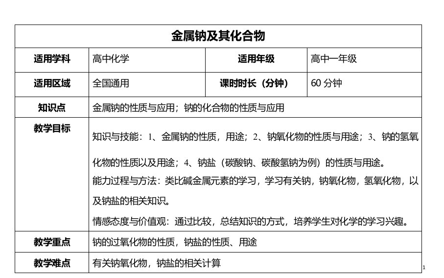 金属钠及其化合物教案