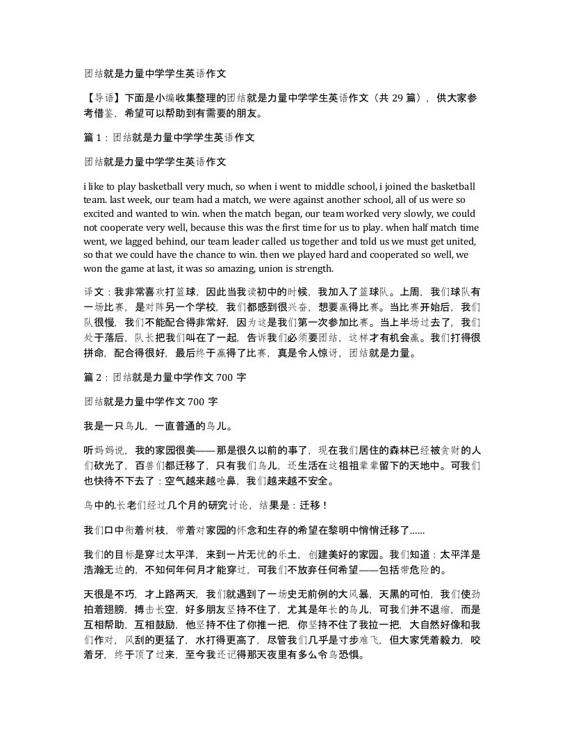 团结就是力量中学学生英语作文