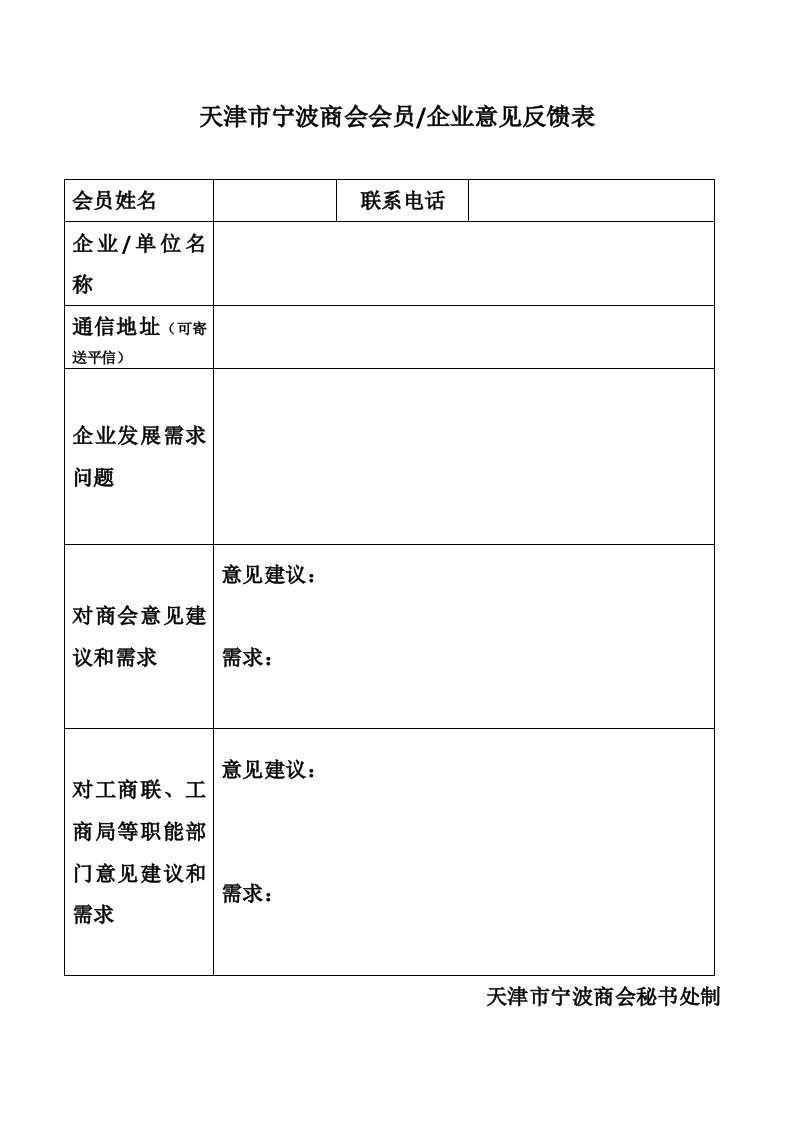 天津市宁波商会会员企业意见反馈表