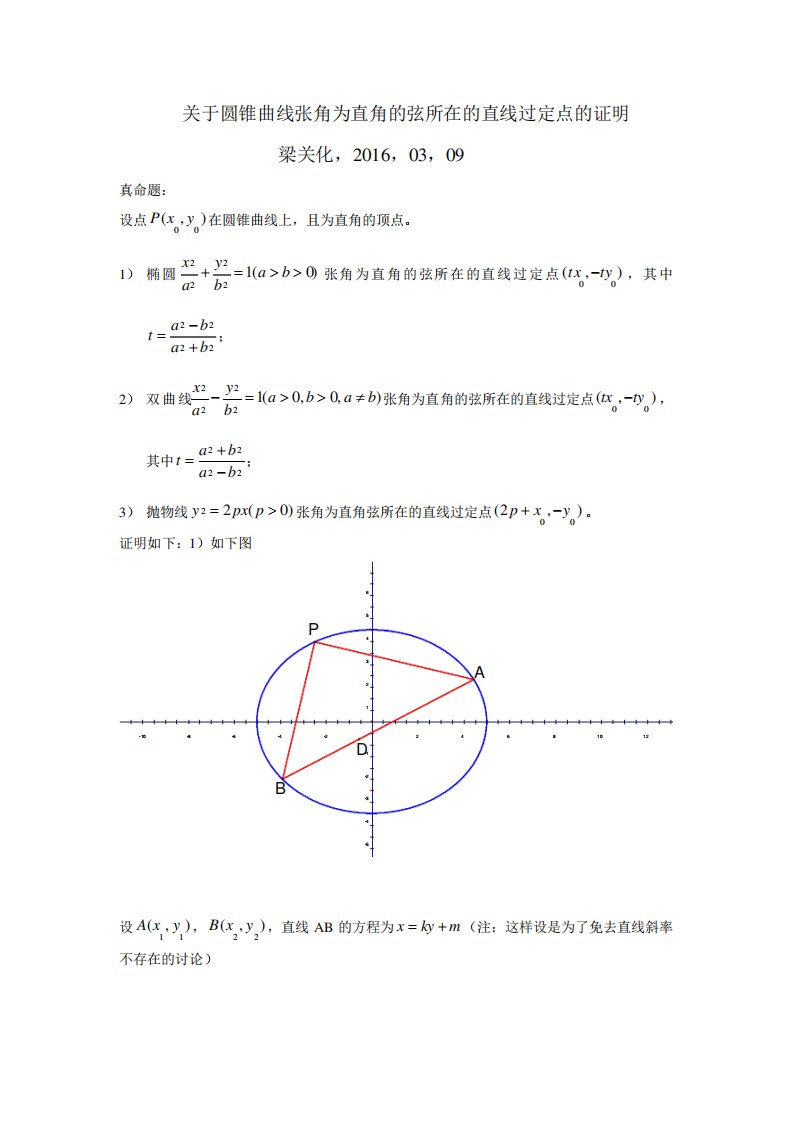 关于圆锥曲线张角为直角弦所在的直线过定点的证明