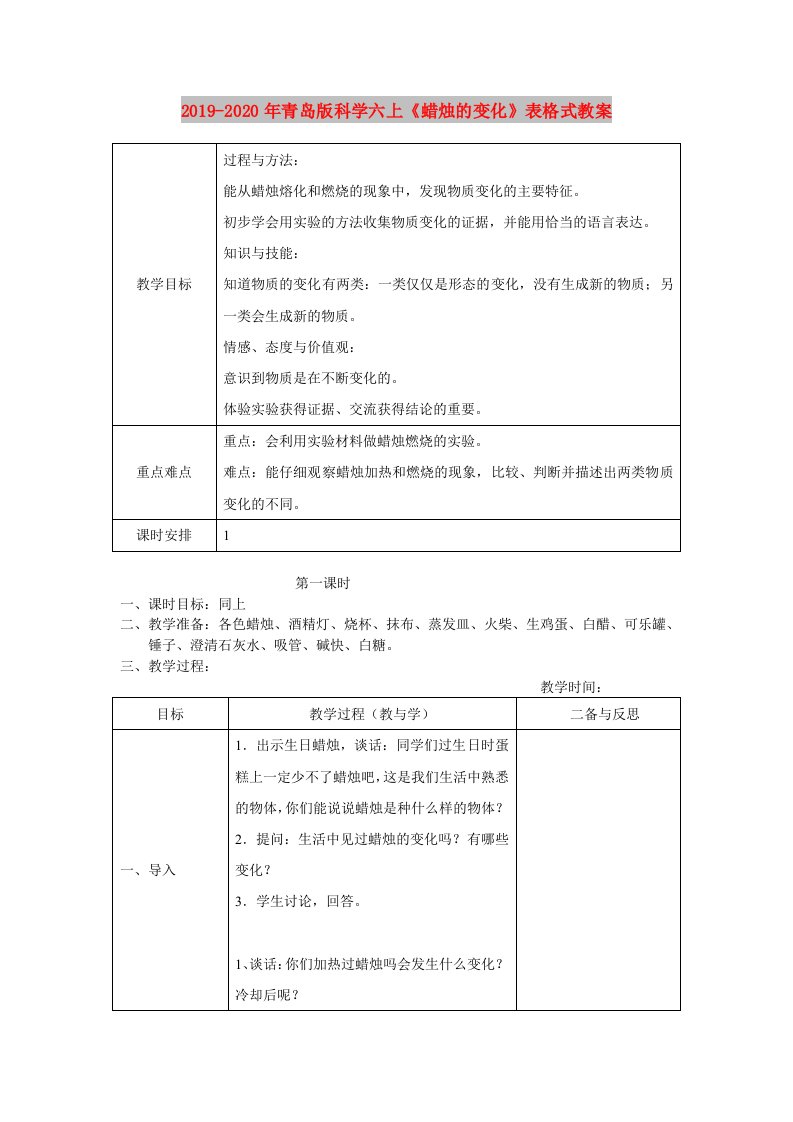 2019-2020年青岛版科学六上《蜡烛的变化》表格式教案