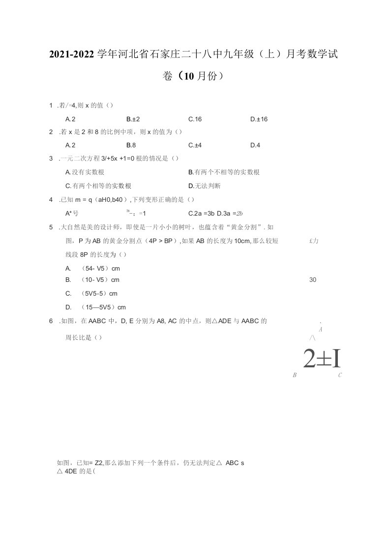 2021-2022学年河北省石家庄九年级（上）月考数学试卷（10月份）（附答案详解）