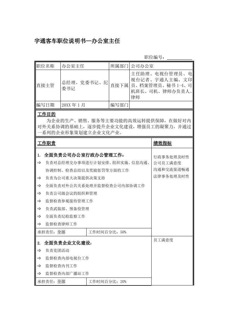 汽车行业-宇通客车职位说明书—办公室主任