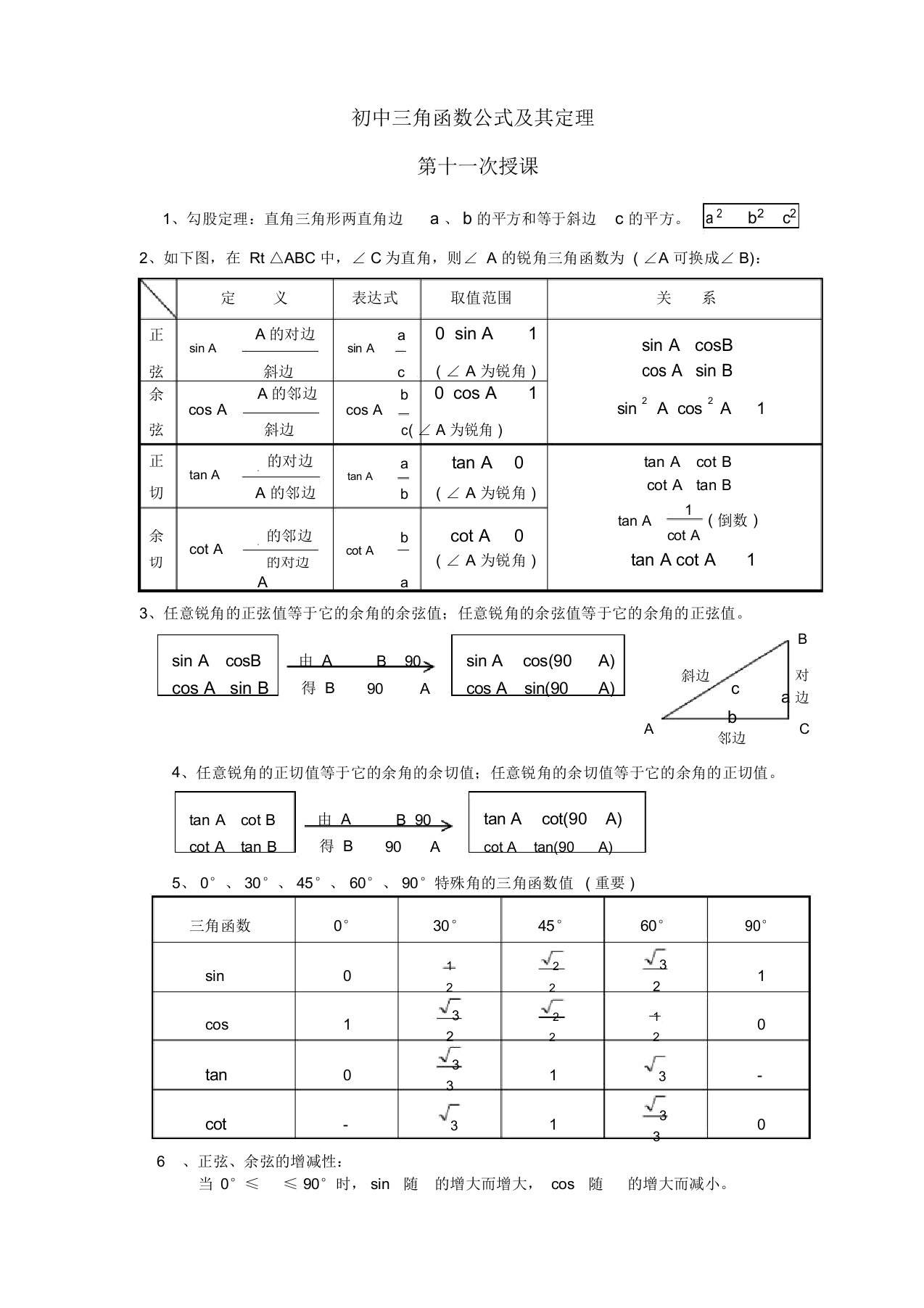 (完整版)初中三角函数公式及其定理