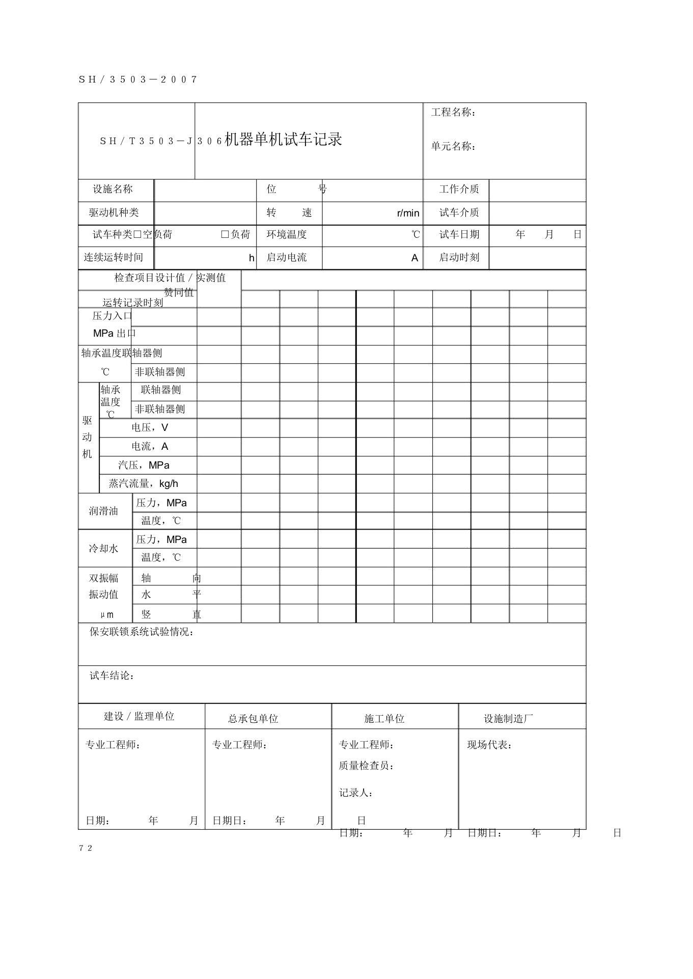 单机试车记录范文标准格式