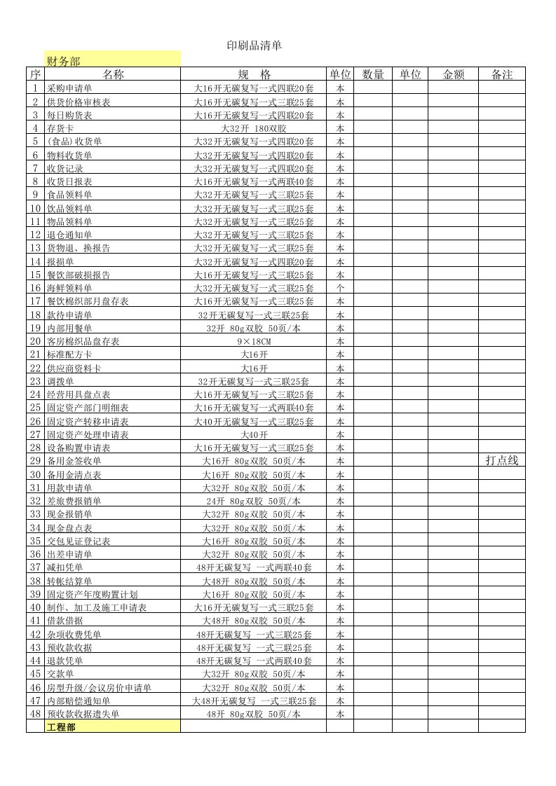 酒店印刷品清单标准