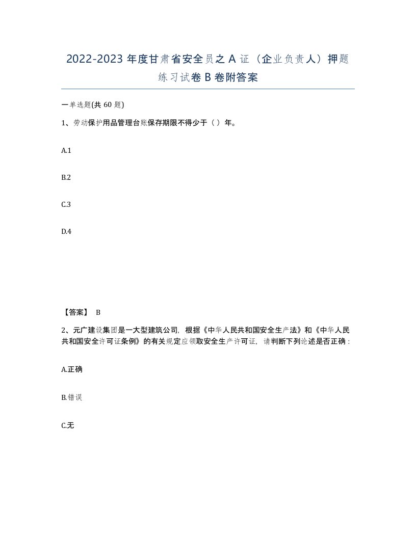 2022-2023年度甘肃省安全员之A证企业负责人押题练习试卷B卷附答案