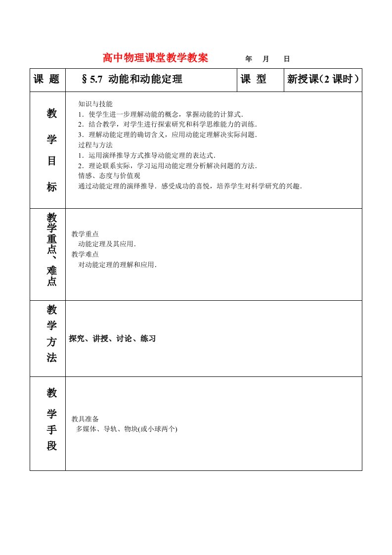 高中物理5.7动能动能定理教案07人教版必修