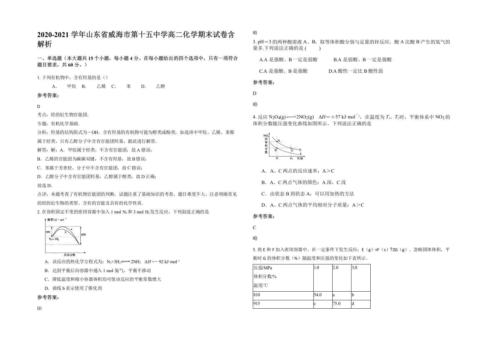 2020-2021学年山东省威海市第十五中学高二化学期末试卷含解析