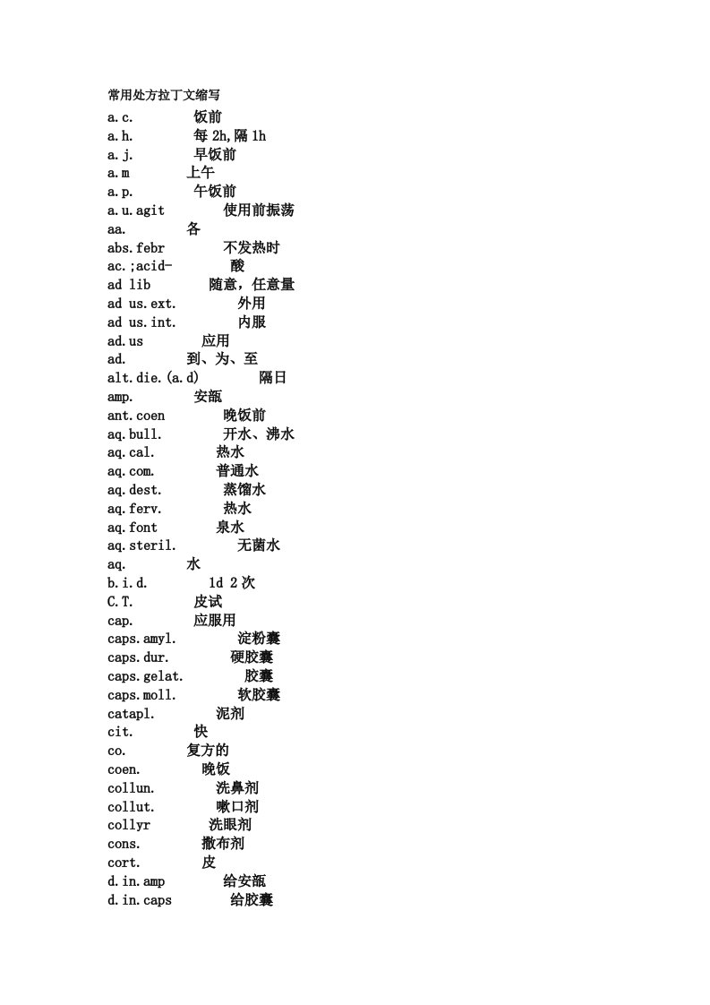 常用处方药名、医嘱拉丁文缩写