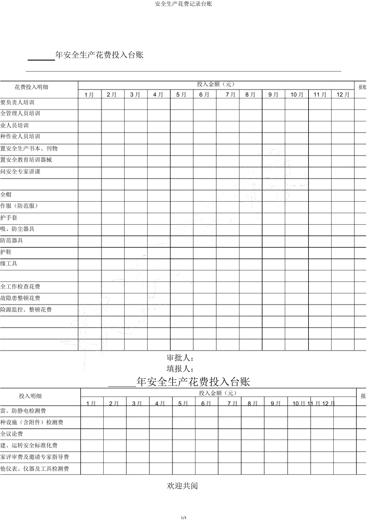 安全生产费用记录台账