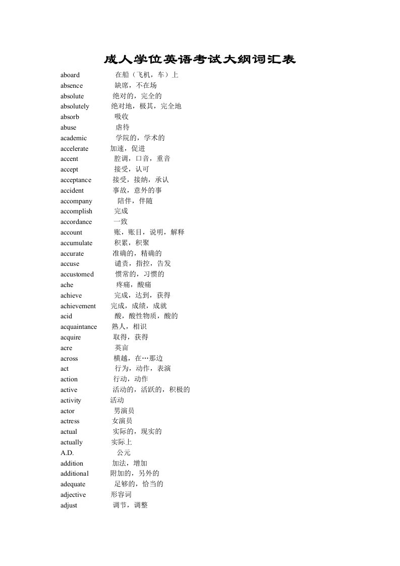 成人学位英语考试大纲词汇表