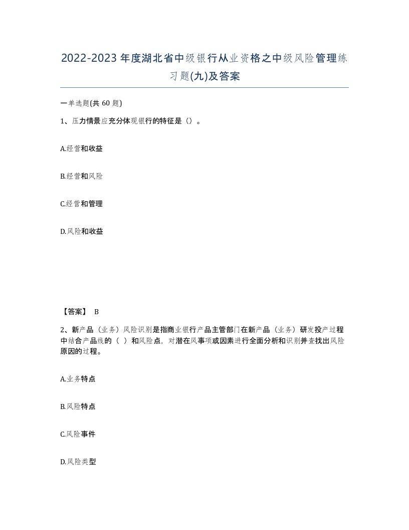 2022-2023年度湖北省中级银行从业资格之中级风险管理练习题九及答案