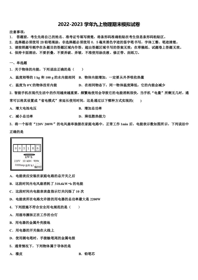 2023届安徽省六安市皋城中学九年级物理第一学期期末学业质量监测试题含解析