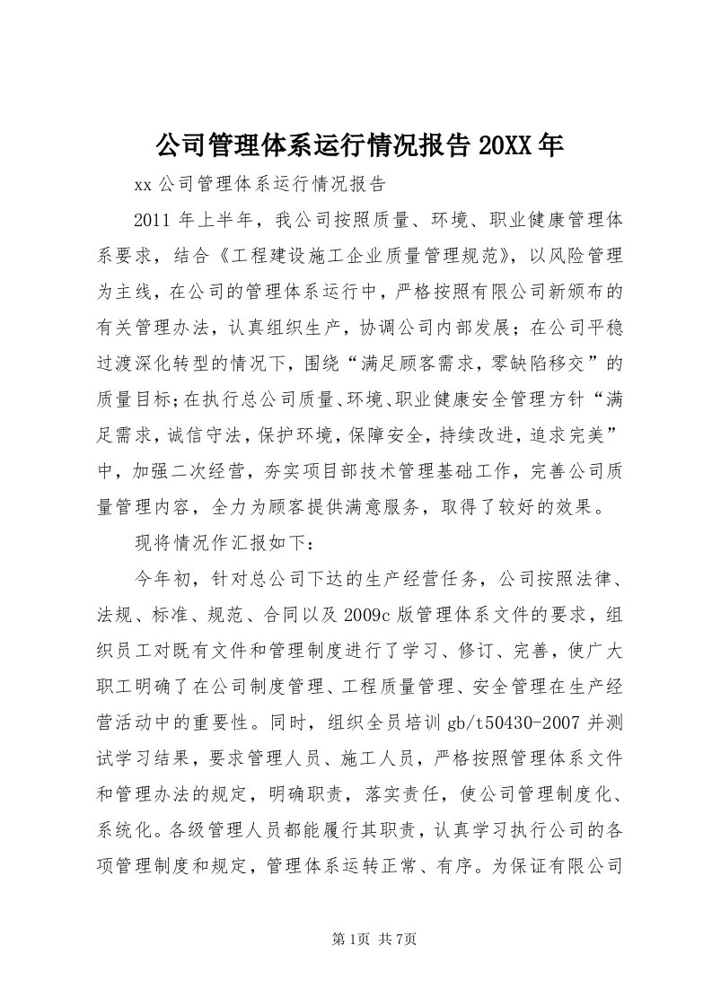 公司管理体系运行情况报告某年