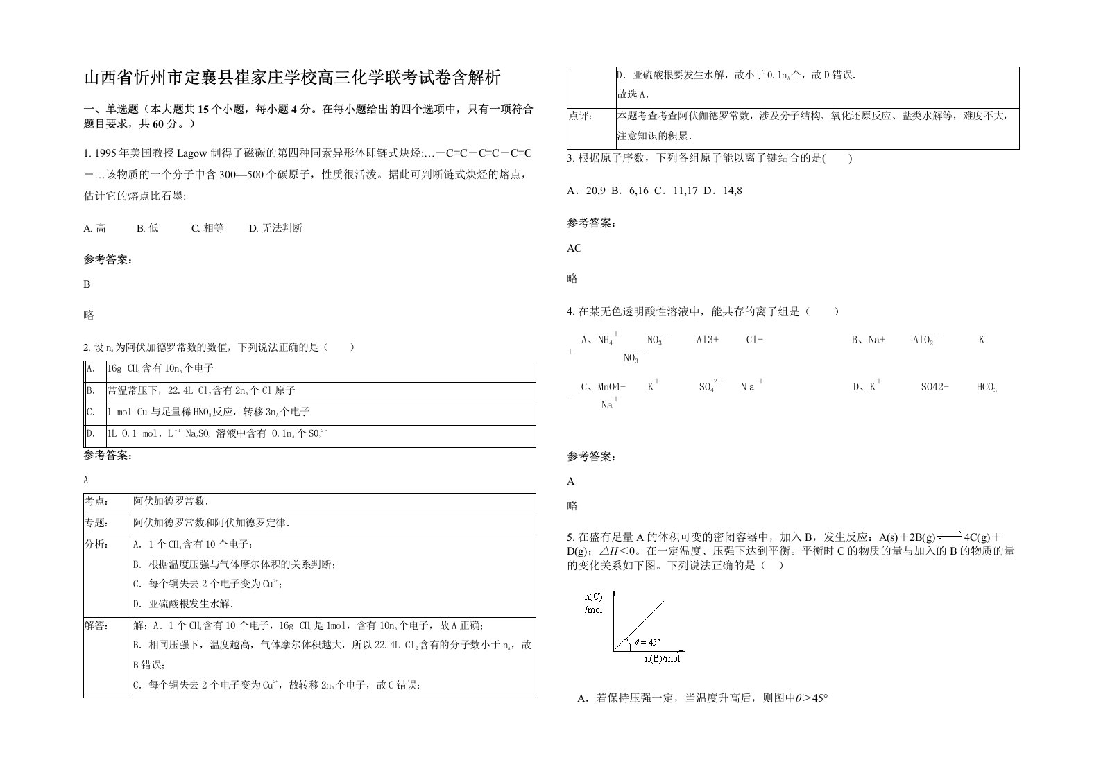 山西省忻州市定襄县崔家庄学校高三化学联考试卷含解析