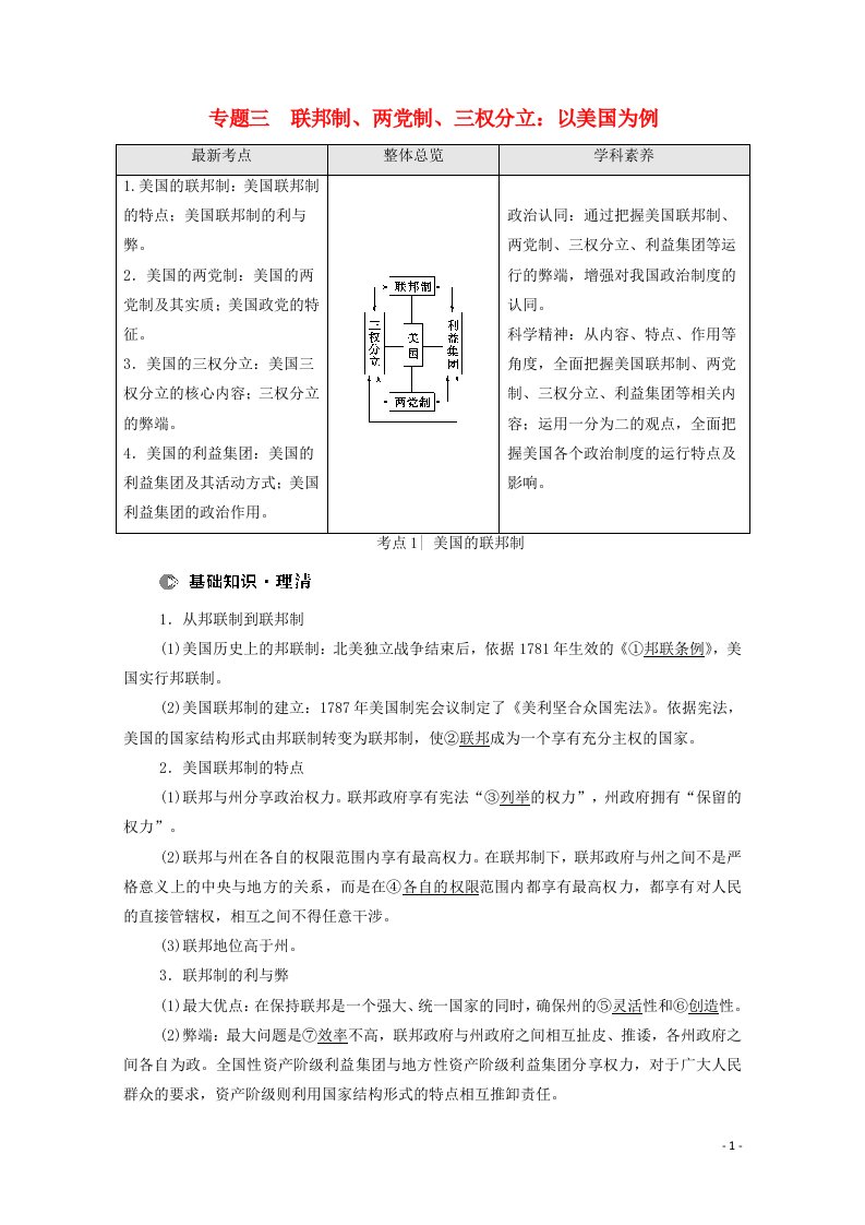 江苏专用2022高考政治一轮复习专题3联邦制两党制三权分立：以美国为例教案