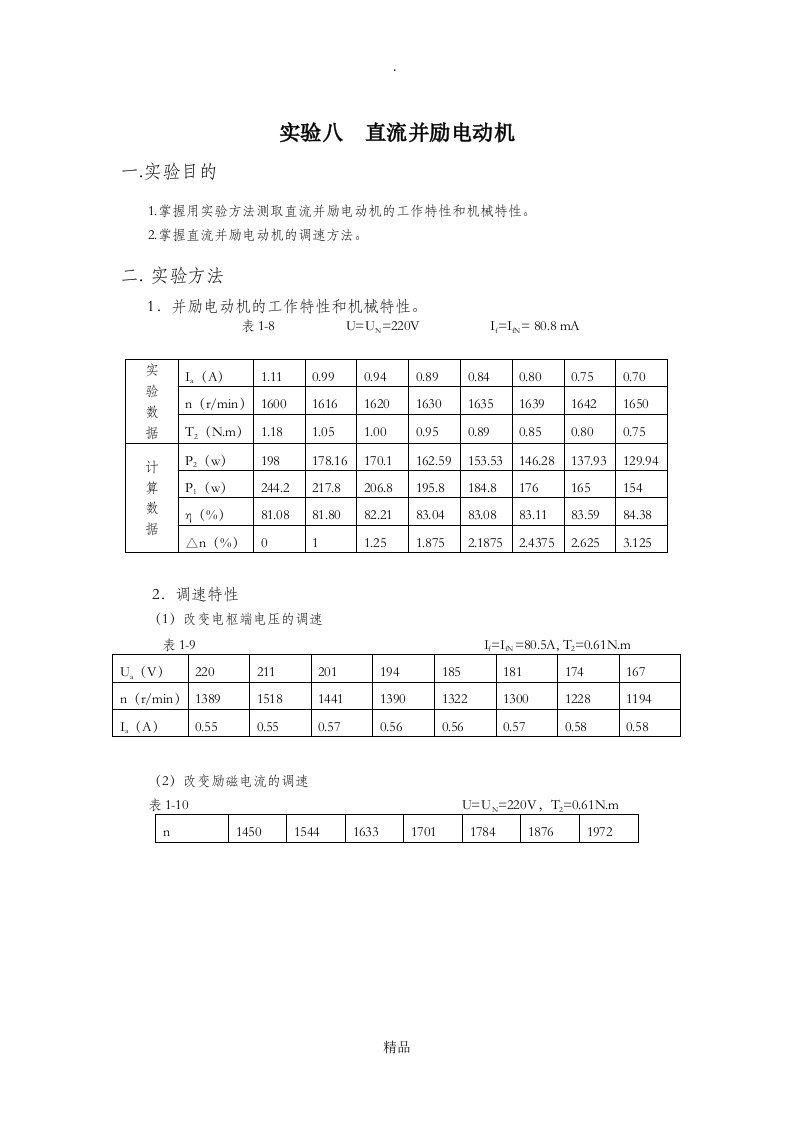 实验八直流并励电动机