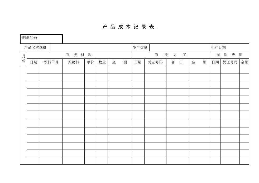 产品成本记录表