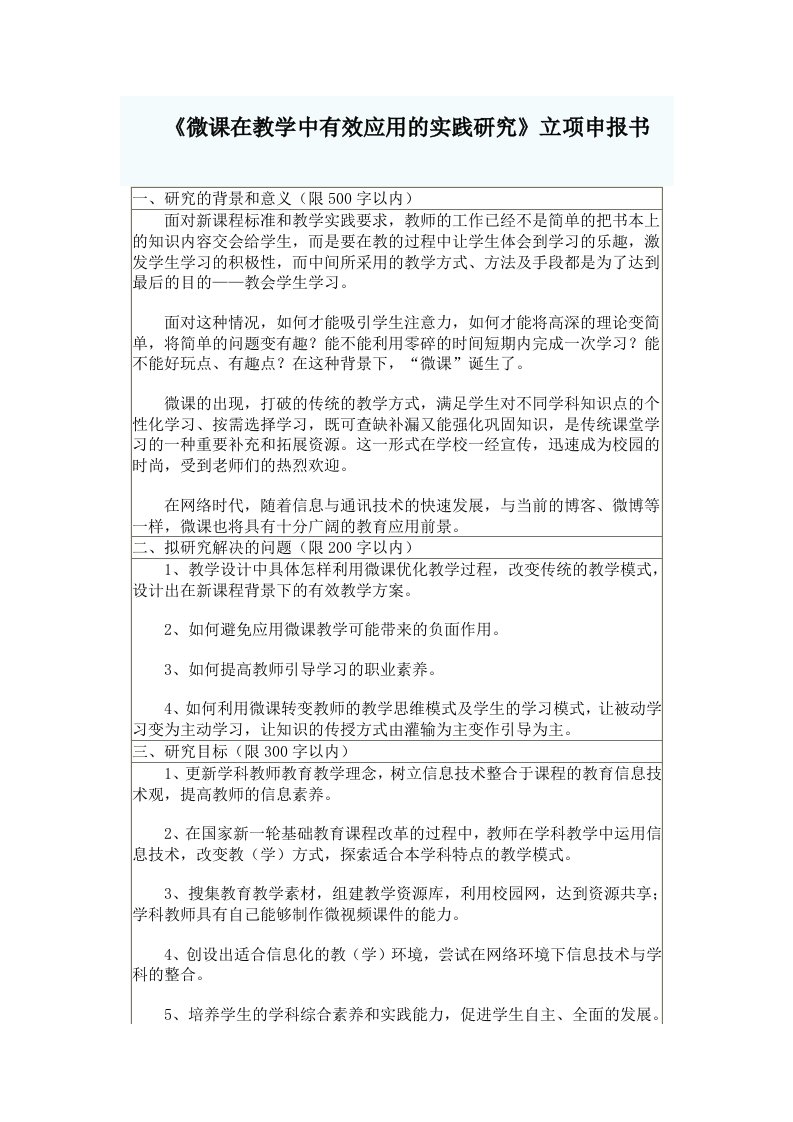 《微课在教学中有效应用的实践研究》立项申报书