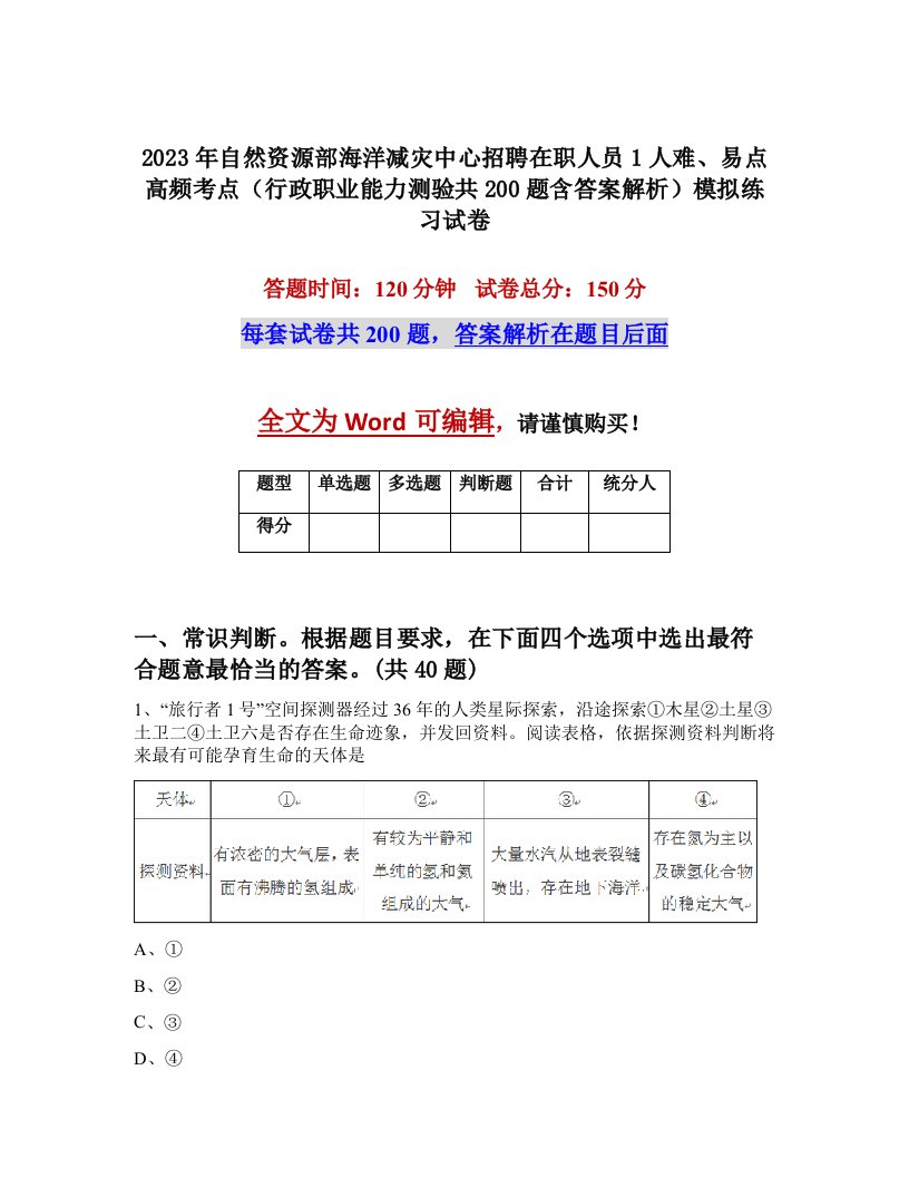 2023年自然资源部海洋减灾中心招聘在职人员1人难易点高频考点行政职业能力测验共200题含答案解析模拟练习试卷