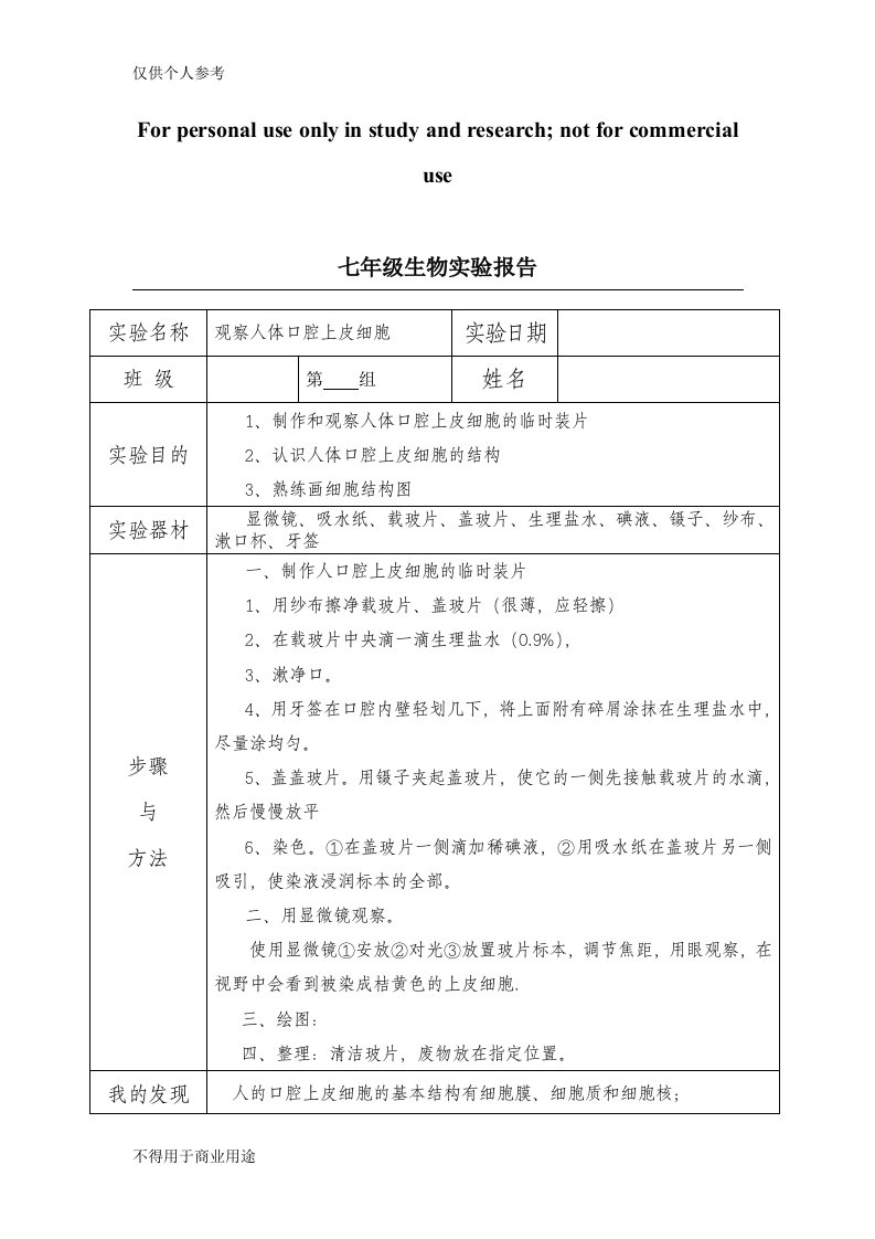 观察人体口腔上皮细胞实验报告单