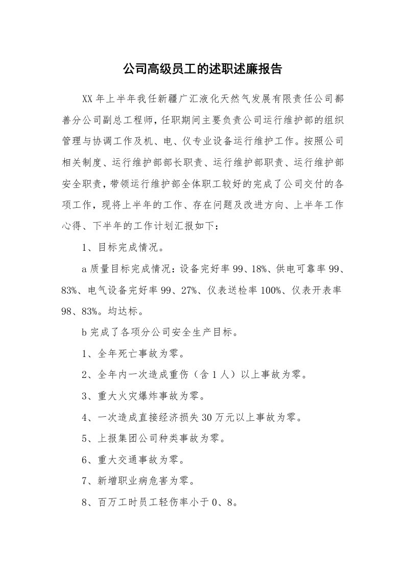 公司高级员工的述职述廉报告