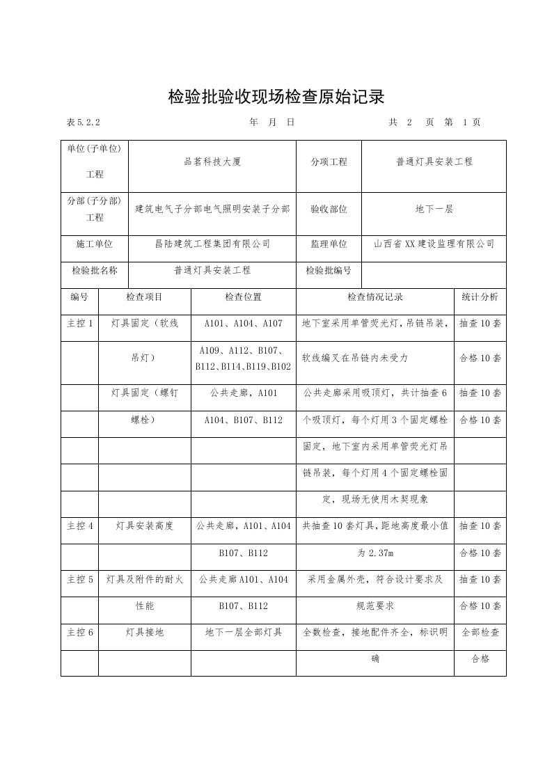 检验批验收现场检查原始记录-普通灯具安装工程