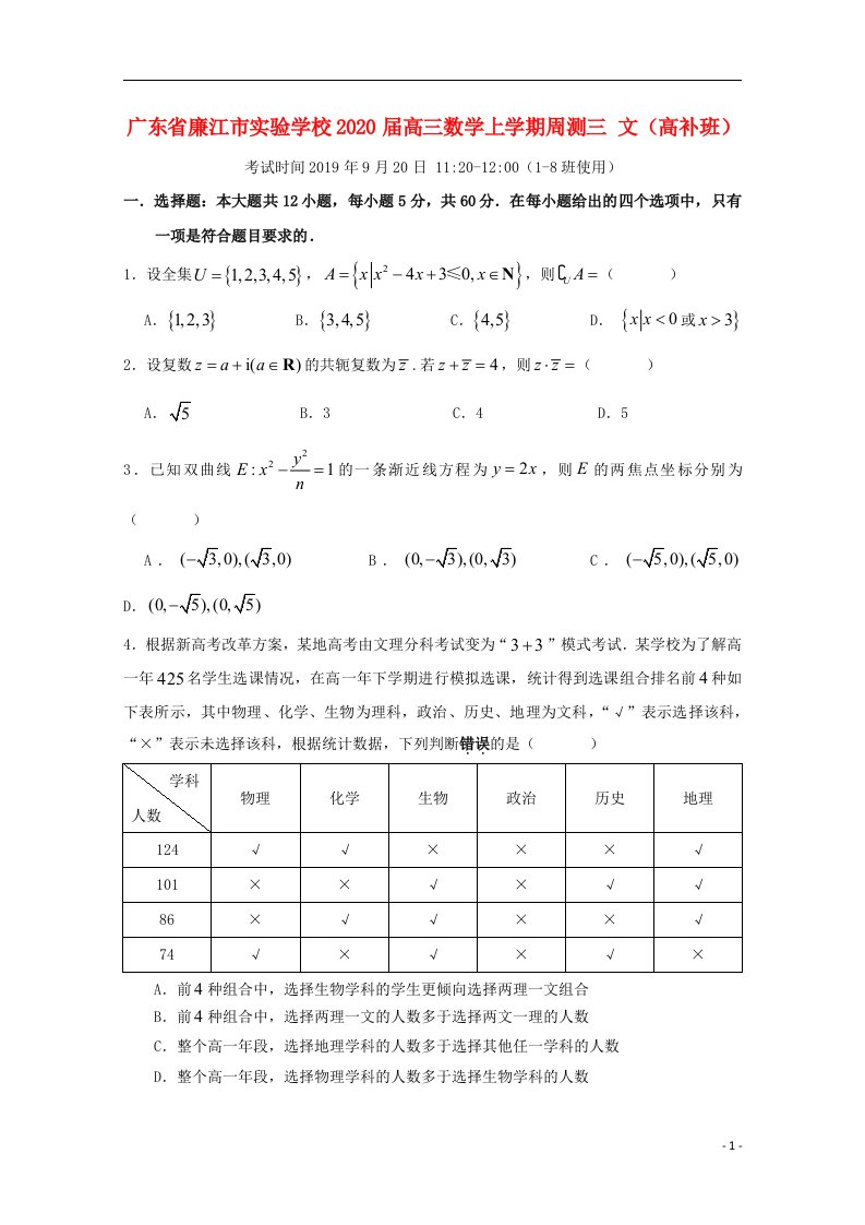 广东省廉江市实验学校2020届高三数学上学期周测三文高补班