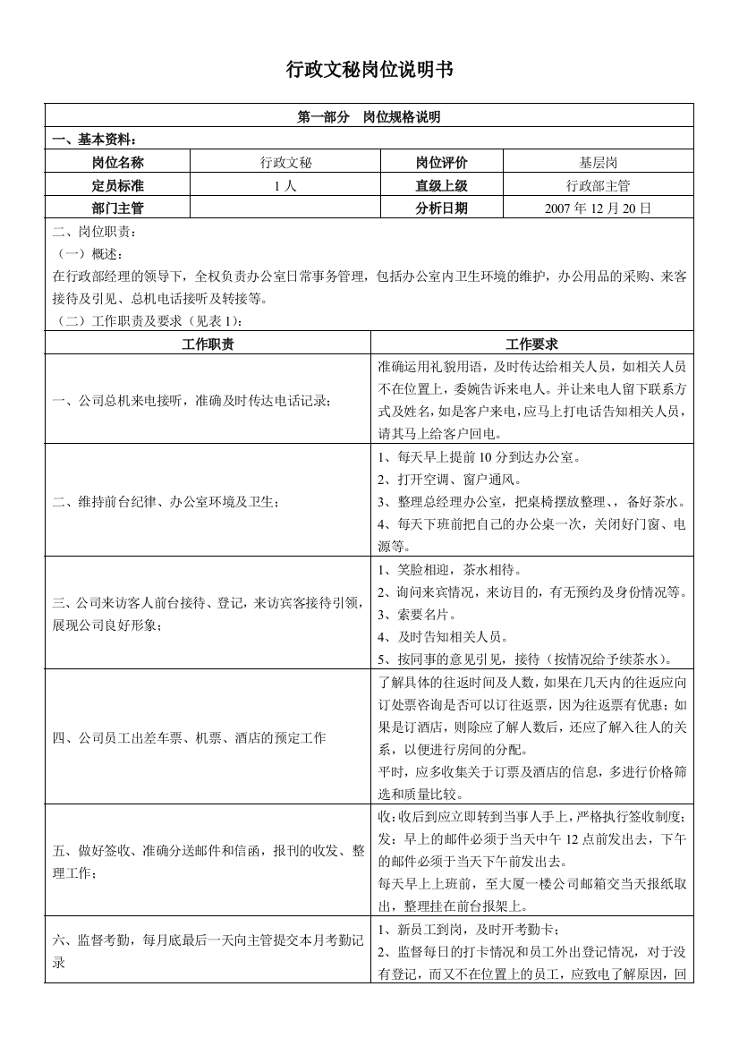 行政文秘岗位工作说明书