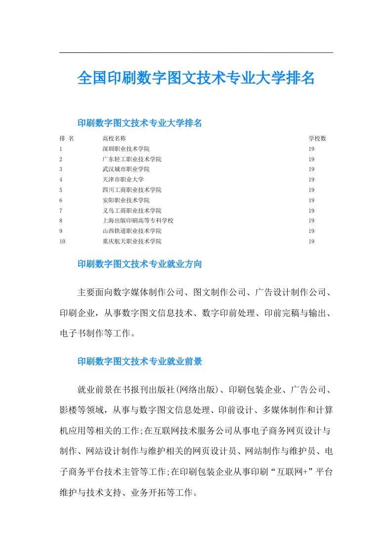 全国印刷数字图文技术专业大学排名