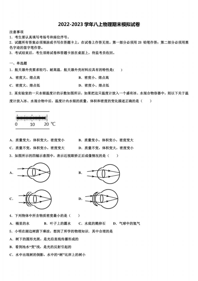 2022-2023学年泰安市物理八年级上册期末调研模拟试题含解析