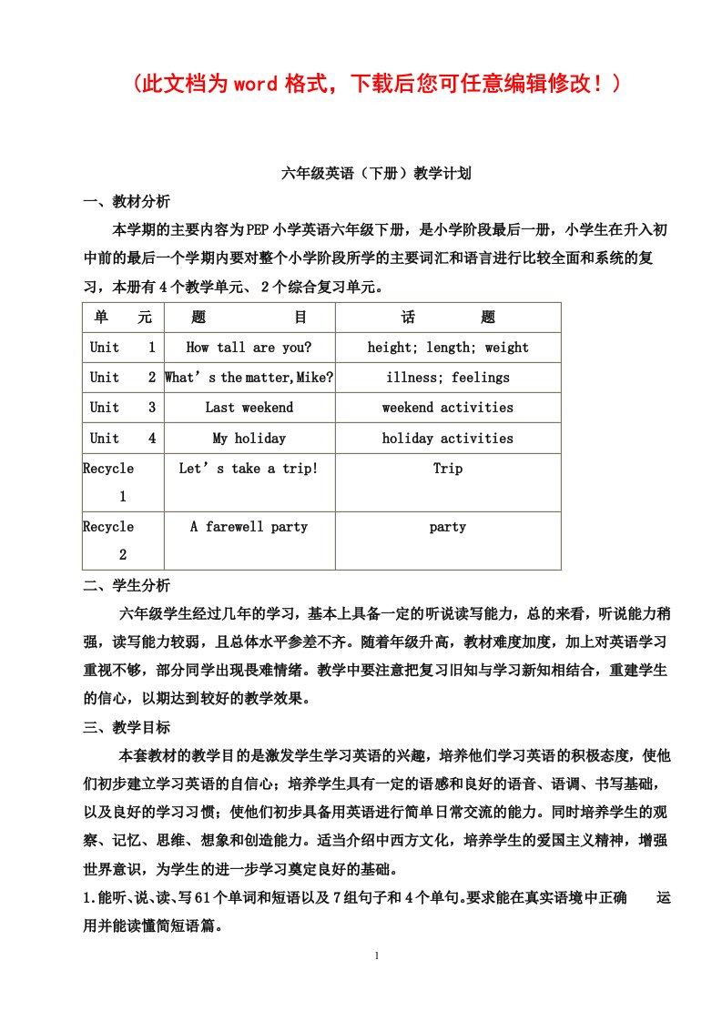 pep小学六年级下册英语教学设计(全册)