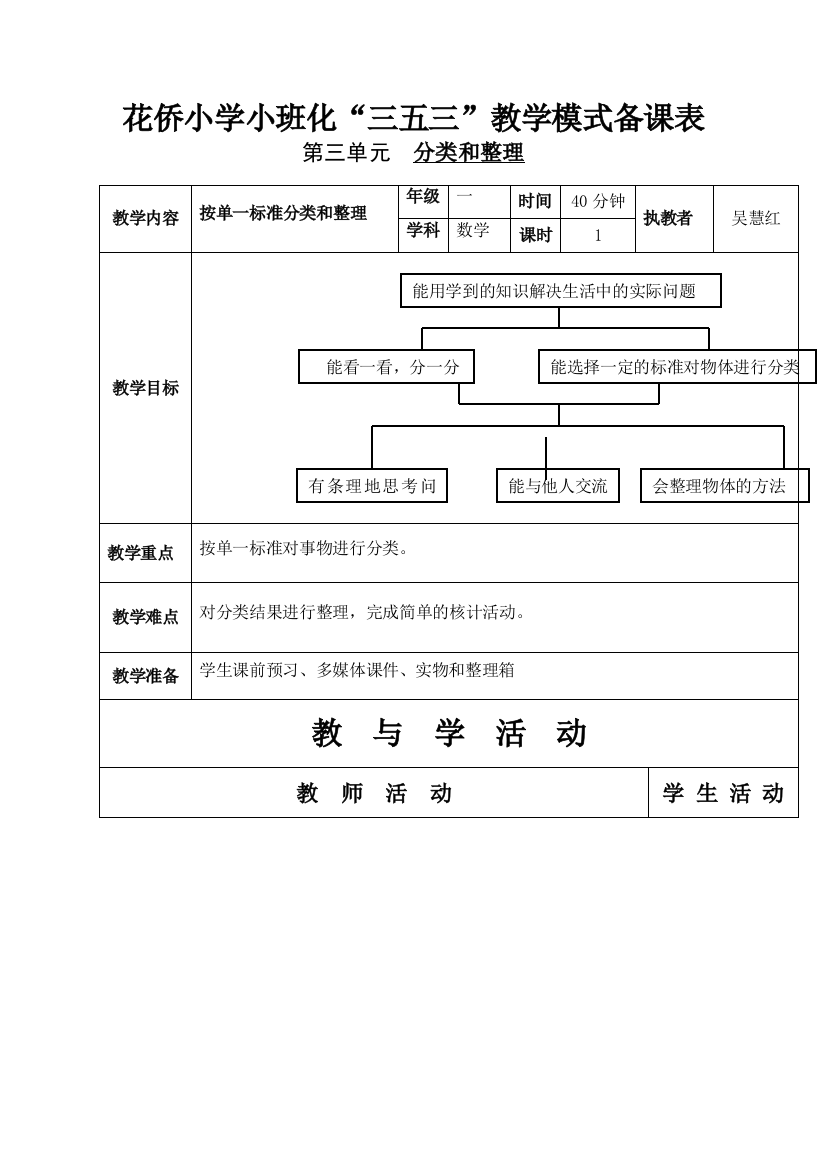 小学数学人教一年级分类