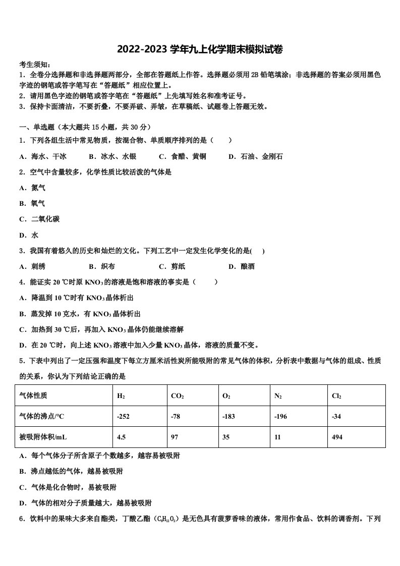 2022年山西大附中化学九年级第一学期期末考试试题含解析