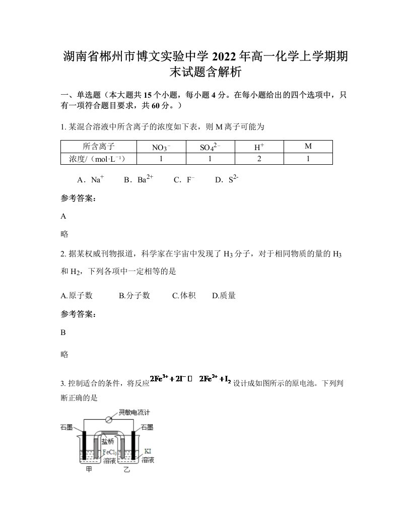 湖南省郴州市博文实验中学2022年高一化学上学期期末试题含解析