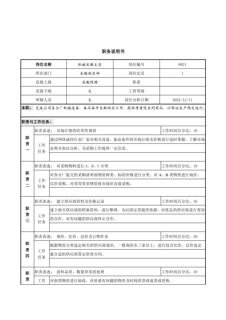 机械行业-北大纵横新丰化纤项目组机械采购主管职务说明书