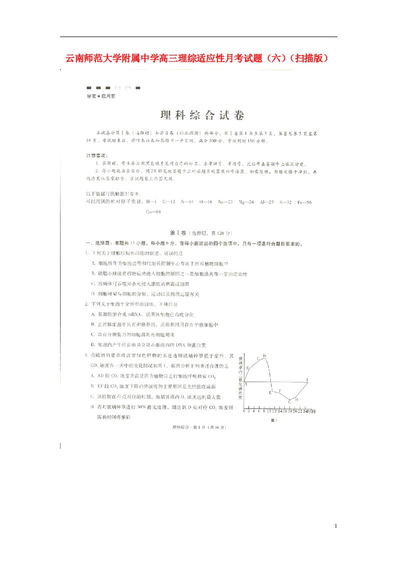 云南师范大学附属中学高三理综适应性月考试题（六）（扫描版）