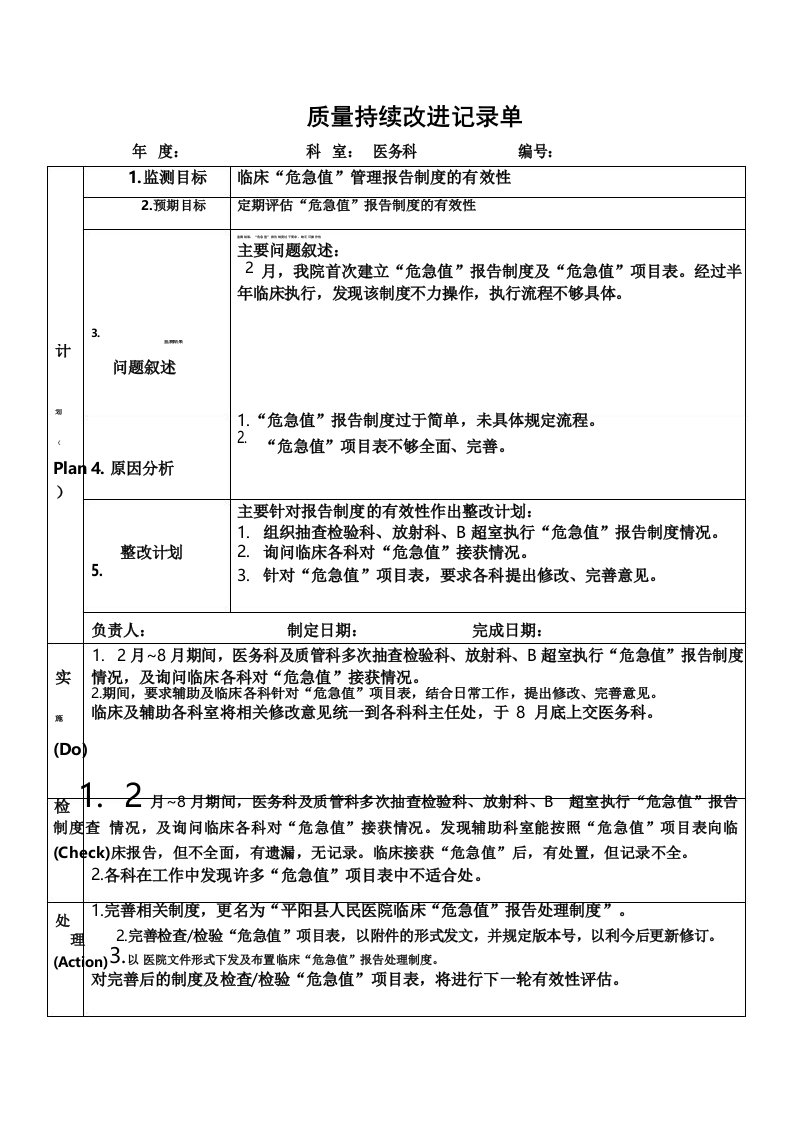 医院医务科临床危急值管理报告制度的有效性PDCA持续质量改进记录表PDCA模板