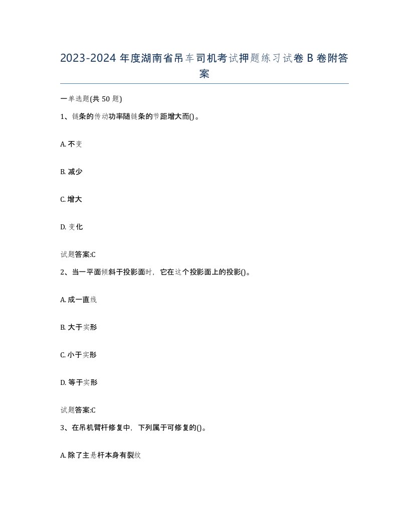 20232024年度湖南省吊车司机考试押题练习试卷B卷附答案